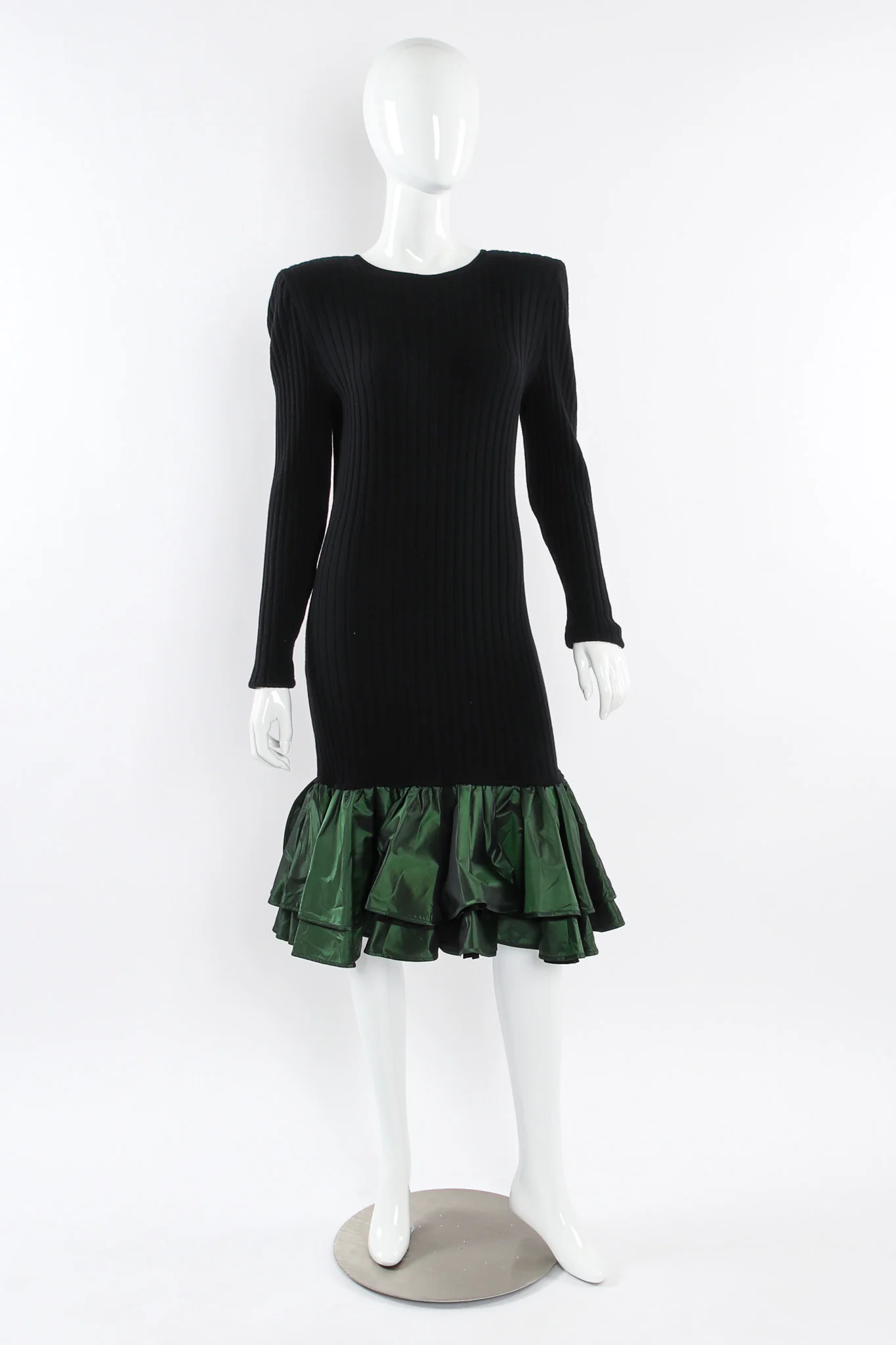 Ribbed Knit Taffeta Ruffle Dress
