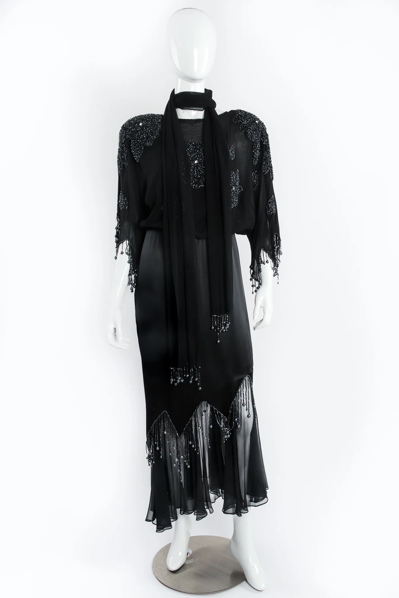 Silk Chiffon Satin Beaded Fringe Dress